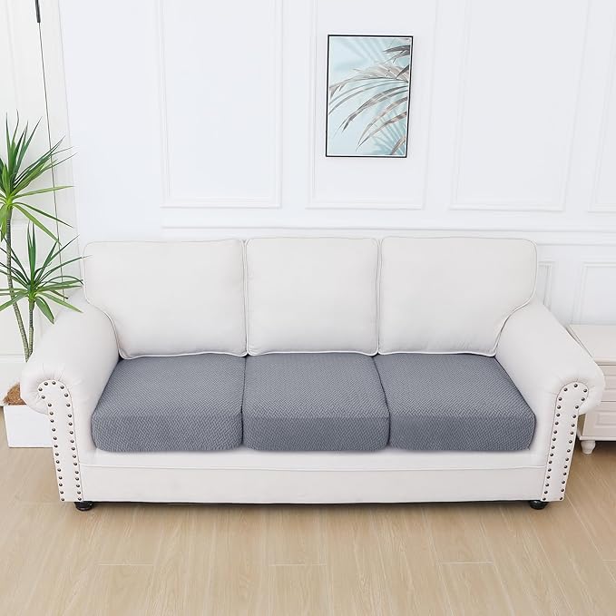 Smiry Waterproof Couch Cushion Covers, Stretch Jacquard Thick Sofa Cushion Covers, Washable Seat Slipcover Elastic Furniture Protector for Pets, Kid (3PC, Light Grey)