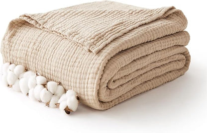 100% Cotton Muslin Blanket 40" x 40", Breathable and Lightweight Cotton Throw Blankets, Soft Cooling Summer Gauze Blanket for All Season, Beige