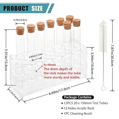 12pcs 30ml Glass Test Tube with Cork Stopper, 20x150mm Storage Tube with Cap, 12 Holes Acrylic Rack, Plant Propagation Vase, Tube Set for Scientific Experiments Lab Candy Liquid Party Decor