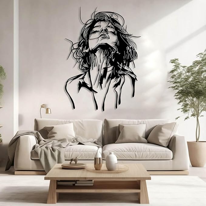 Tuglona Abstract Woman Face Metal Wall Decor, Woman Face Metal Wall Art, Abstract Line Wall Decor, Minimalist Female Line Art, Modern Wall Decoration, Bathroom Wall Hanging (Black, 30"x22"/76x55cm)