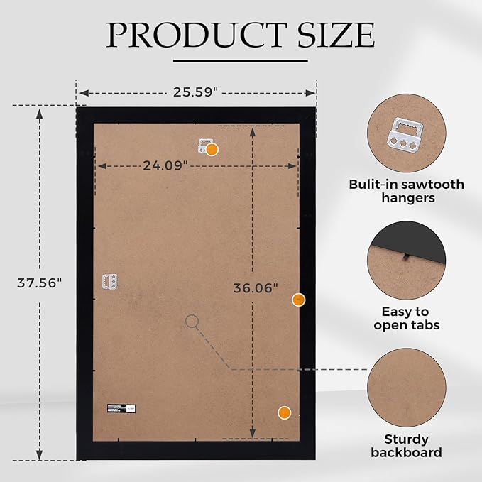 Muzilife 24×36" Black Poster Frame 2 Pack, Engineered Wood Movie Poster Picture Frames with Plexiglass Cover and Hanging Hardware for Horizontal or Vertical, Large