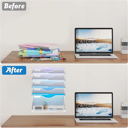 6 Tier Hanging File Organizer, Mesh Wall File Holder Paper Folder Rack with Bottom Flat Tray for Office Home, White