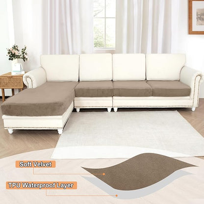 NAISI Waterproof Couch Cushion Covers Thick Velvet Fabric Washable Sofa Slipcovers Sectional Couch Covers for 4 Pieces Separate L Shape Couch Cover with Elastic Bottom(3 Seater + 1 Chaise,Sand)