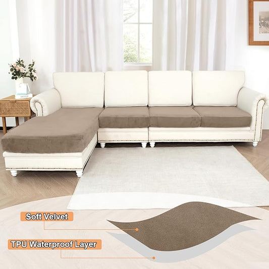 NAISI Waterproof Couch Cushion Covers Thick Velvet Fabric Washable Sofa Slipcovers Sectional Couch Covers for 4 Pieces Separate L Shape Couch Cover with Elastic Bottom(3 Seater + 1 Chaise,Sand)