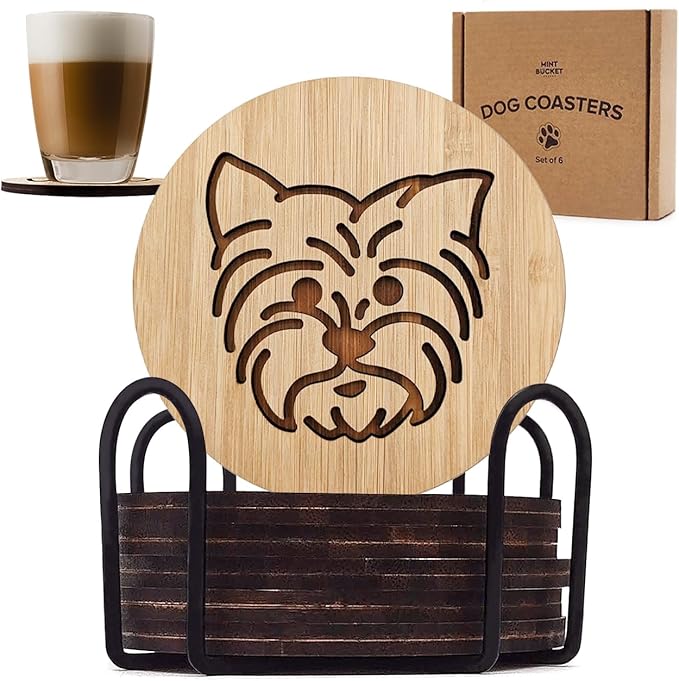 Set of 6 Bamboo Laser-Engraved Fun Dog Coasters with Iron Holder - Gift Packaging 3.9 Inch Non-Stick Absorbent Durable and Unbreakable Wooden Cup Coasters for Dog Lovers (Yorkie)