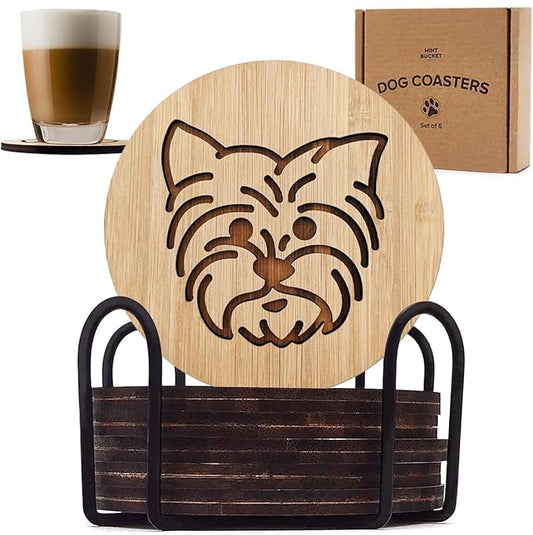 Set of 6 Bamboo Laser-Engraved Fun Dog Coasters with Iron Holder - Gift Packaging 3.9 Inch Non-Stick Absorbent Durable and Unbreakable Wooden Cup Coasters for Dog Lovers (Yorkie)