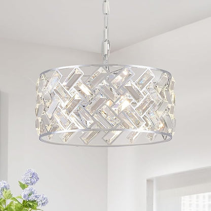 Chrome Crystal Chandelier 4-Light, 12" Modern Round Drum Ceiling Light, Semi Flush Mount Crystal Pendant Fixture for Kitchen Island, Dining Room, Bedroom, Entryway, Hallway