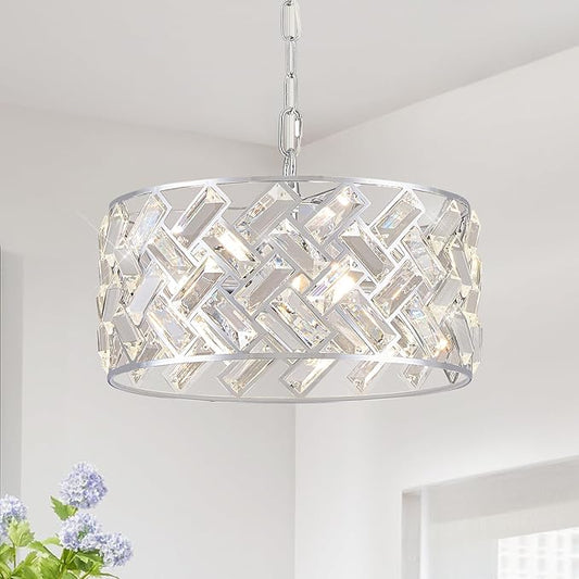 Chrome Crystal Chandelier 4-Light, 12" Modern Round Drum Ceiling Light, Semi Flush Mount Crystal Pendant Fixture for Kitchen Island, Dining Room, Bedroom, Entryway, Hallway