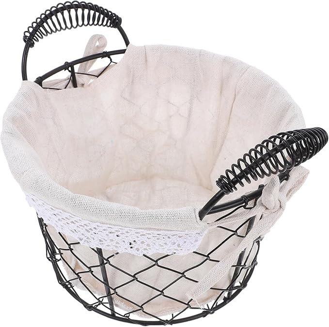 Housoutil Wire Basket with Fabric Liner and Handle, Rustic Metal Storage Basket for Bread, Candy, and Fruit, Multi-use Organizer for Kitchen and Table Decor