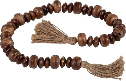Sagebrook Home Rustic Wood Bead Garland with Jute Tassels - Decorative Farmhouse Beads for Coffee Table, Shelf, or Mantel - Natural Boho Accent for Home Décor - 1.25" Natural/Brown