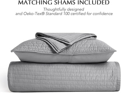 EVERGRACEHOME Cotton Sateen Quilt Set Queen Size, Pre-Washed Cotton Channel Stitch Coverlet Bedspread, 3 Pieces Lightweight Soft Bedding Sets for All Season, with 2 Pillow Shams, Fog Gray