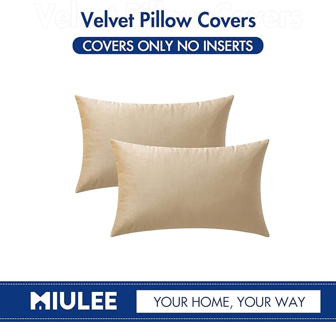 MIULEE Velvet Throw Pillow Covers 12x20 Inch, Pack of 2 - Beige, Soft Solid Lumbar Decorative Pillow Covers Modern Luxury Home Decor for Spring Couch Sofa Bedroom Livingroom
