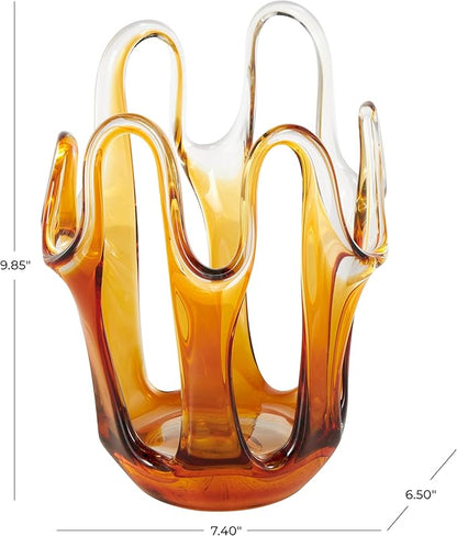 Deco 79 Glass Abstract Decorative Vase Ombre Centerpiece Vase with Wavy Oval Cutouts, Flower Vase for Home Decoration 7" x 7" x 10", Orange