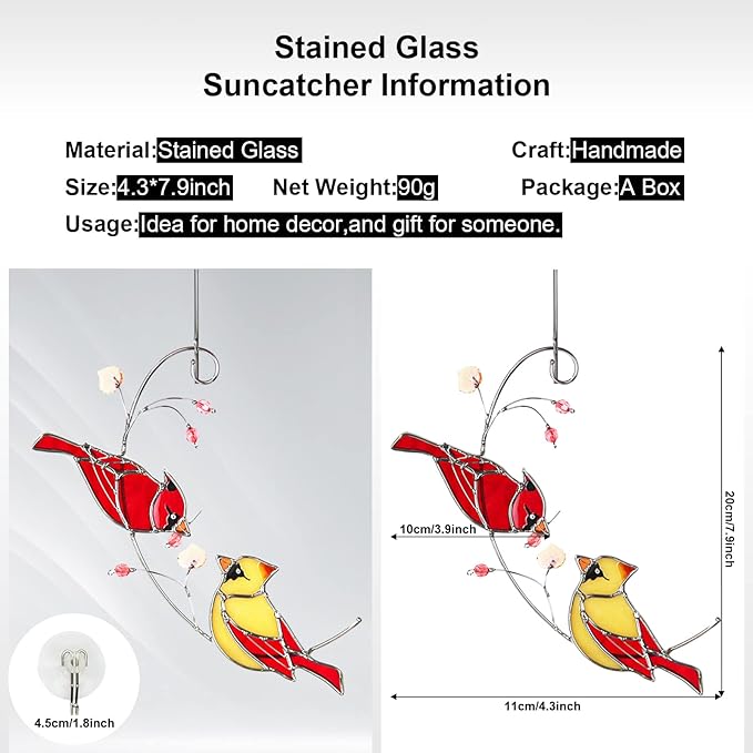 Stained Glass Cardinal Suncatchers for Women Gifts,Male & Female Cardinal Sun Catcher Stained Glass for Window Hangings,Red Birds Sun Catchers for Christmas Dec, Rememberce Gifts for Bird Lovers