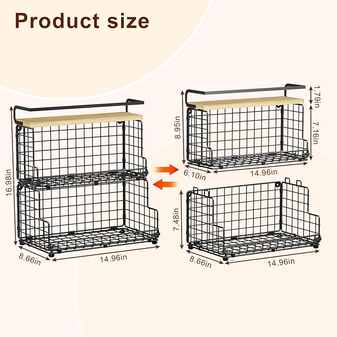 X-cosrack 3-Tier Stackable Snack Organizer with Pine Wood Top-Trapezoid Metal Wire Basket, Countertop & Wall Mounted Snack Holder for Kitchen Pantry Cabinet, Muti-functional Food Fruit Stoarge, Black