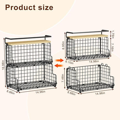 X-cosrack 3-Tier Stackable Snack Organizer with Pine Wood Top-Trapezoid Metal Wire Basket, Countertop & Wall Mounted Snack Holder for Kitchen Pantry Cabinet, Muti-functional Food Fruit Stoarge, Black