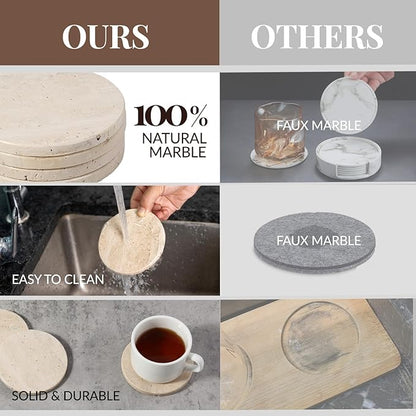Koville Travertine Coasters, Marble Coaster Set of 4 for Drinks, 4" Round Stone Coasters Set Heat Resistant, Decorative Modern Cup Coaster for Coffee Table Home Bar Decor, Unique Gift Choice(Beige)