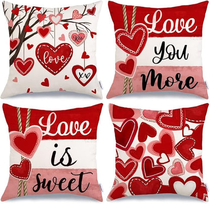 GEEORY Valentine's Day Throw Pillow Covers 18x18 Inch Set of 4, Valentines Red Hearts Love You More Decorative Farmhouse Holiday Cushion Case for Home Decoration G443-18