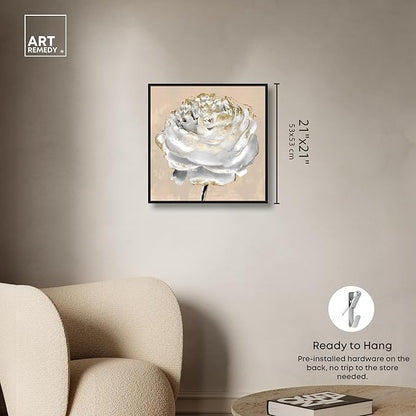 Art Remedy Beige Ranunculus Canvas Elegant White Gold Wall Art, Black Frame, 20" x 20"