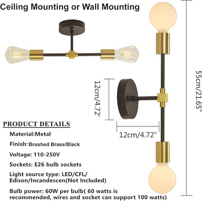 2 Lights Bathroom Wall Sconce Vanity Modern Industrial Wall Lamp Pole Wall Mount Lighting Fixture（Gold/Black Color）