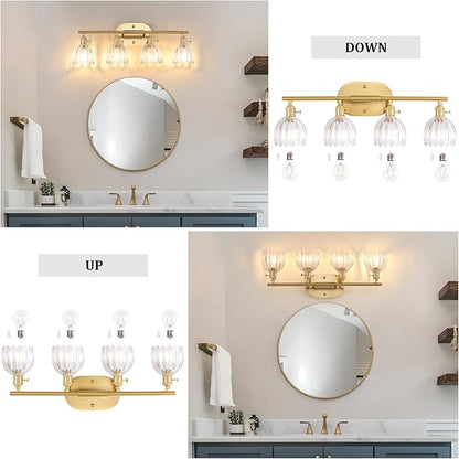 Bathroom Light Fixtures, 4-Light Brass Vanity Wall Light Over Mirror with Clear Tulip Glass Shade for Bedroom Living Room (Bulb Not Included)