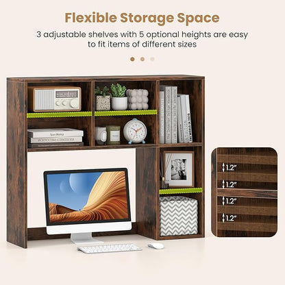 GOFLAME Desktop Bookshelf, 37” Desk Organizer Shelf with 7 Cubes & 3 Adjustable Shelves, 3-Tier Wood Countertop Display Rack, Multipurpose Tabletop Desk Hutch for Dorm, Home Office (Rustic Brown)