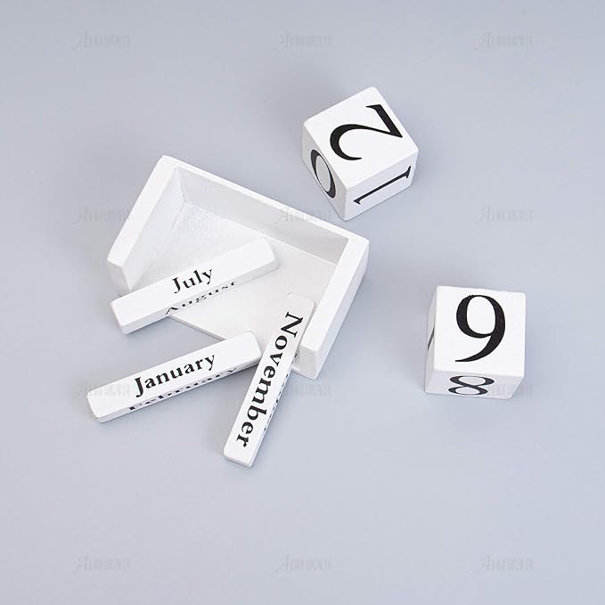 AUEAR, Wooden Block Perpetual Desk Calendar Desktop Cube Rustic Chic Number for Home Office Decoration (White, 1 Pack)