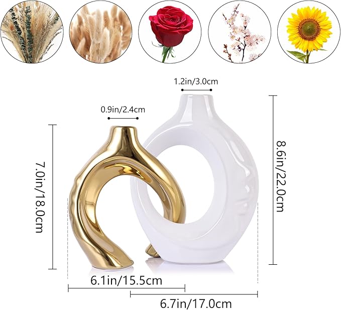 LCCCK White and Gold Ceramic Vases for Home Decor, Boho Vase for Flowers Pampas Grass Decorative, White Gold Hollow Donut Small Vase for Living Room Table Wedding Centerpiece Modern Vases