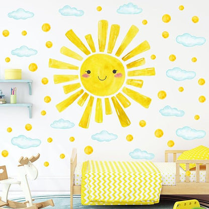 Watercolor Large Sun Wall Decals Cloud Polka Dots Wall Stickers for Kids Room, 12 Sheets Lovely Smile Sun Wall Decor Stickers Peel and Stick Wall Decorations Stickers for Bedroom Nursery