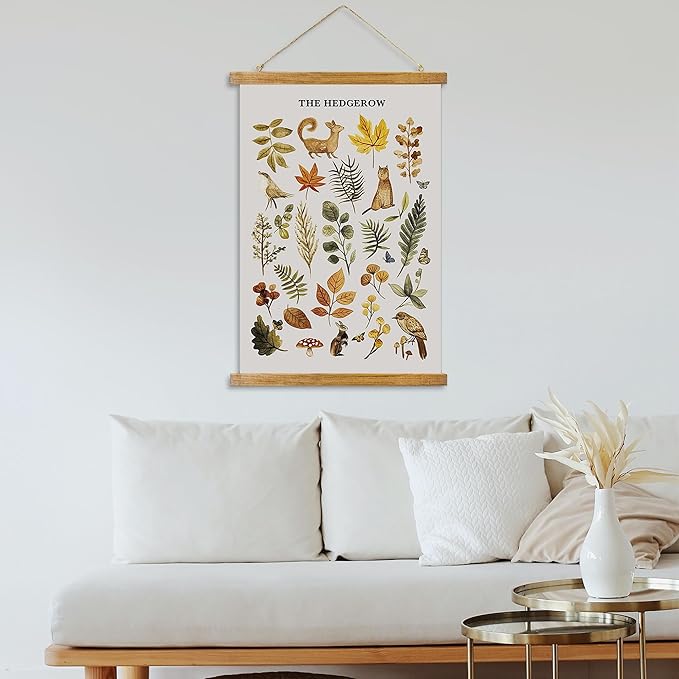 ABoby Vintage Hedgerow Wildlife Posters - Countryside Animals and Plants - Nature Style Wall Decor with Wood Frames - Ready to Hang