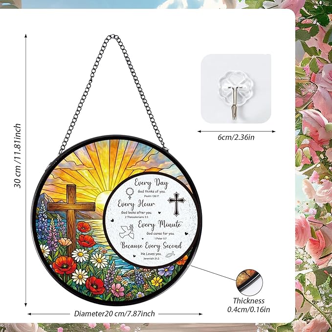 Rngmsi Stained Glass Window Hanging, 7.8″ The Cross and Scripture Sun Catchers Indoor Window Decor, Christ Suncatchers Hanging Ornaments Home Garden Art Easter Gift for Housewarming