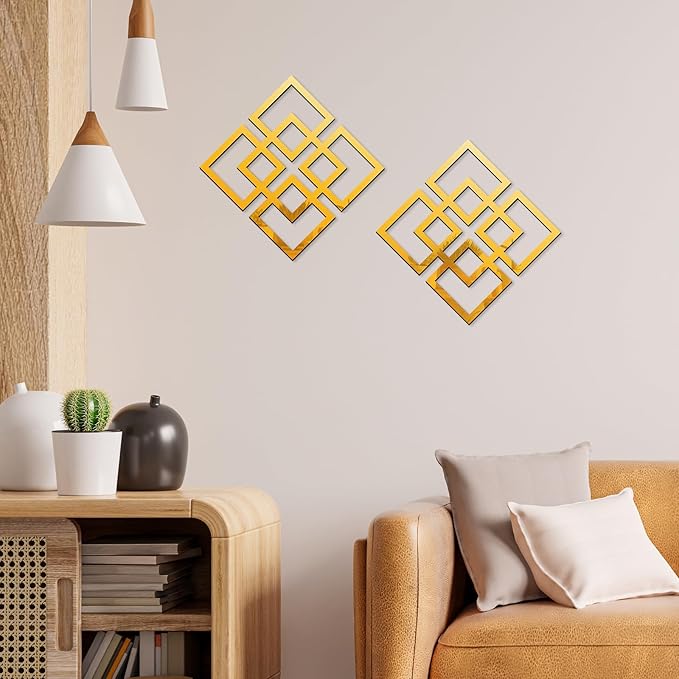 flangairy 2 Piece Gold Geometric Wall Mirrors, 11.8 Inch Wooden Frame Acrylic Mirror Decor for Bathroom Bedroom Living Room Modern Farmhouse Home Decorations