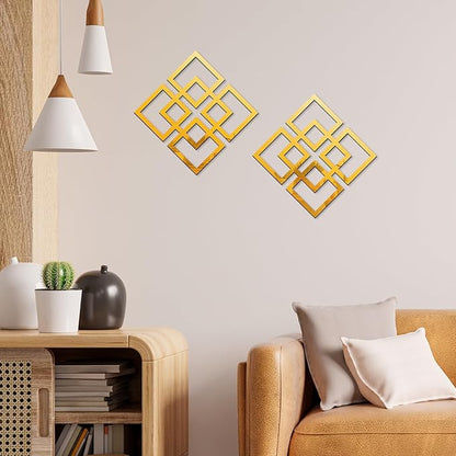 flangairy 2 Piece Gold Geometric Wall Mirrors, 11.8 Inch Wooden Frame Acrylic Mirror Decor for Bathroom Bedroom Living Room Modern Farmhouse Home Decorations