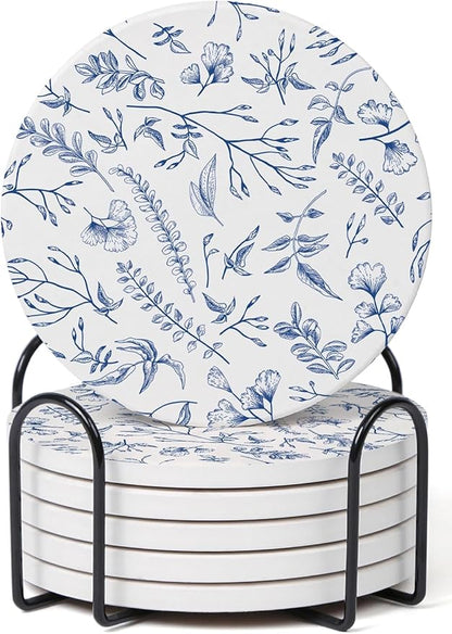 Set of 6 Floral Blue and White Coasters with Holder, Absorbent Ceramic Drink Coasters with Cork Backing for Table Protection, Coffee Table Décor