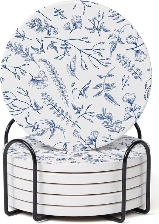 Set of 6 Floral Blue and White Coasters with Holder, Absorbent Ceramic Drink Coasters with Cork Backing for Table Protection, Coffee Table Décor