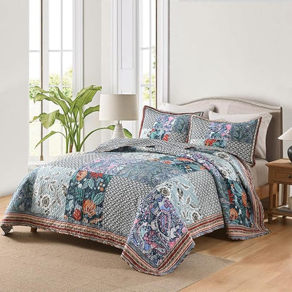 Cotton Bedspread Quilt Bedding Sets Reversible Coverlet Sets 3 Pieces Vintage Floral Blue Teal Patchwork Bedspread, Queen Size