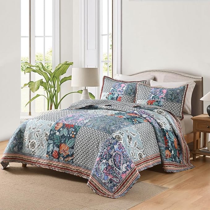 Cotton Bedspread Quilt Bedding Sets Reversible Coverlet Sets 3 Pieces Vintage Floral Blue Teal Patchwork Bedspread, King Size