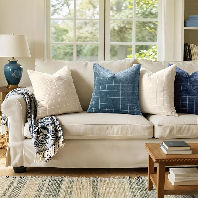 MIULEE Decorative Chenille Check Throw Pillow Covers Vintage Plaid Couch Pillows 18x18 Inch Set of 2 Neutral Boho Farmhouse Cushion Covers Modern Spring Coastal Decor for Sofa Bed Living Room Blue