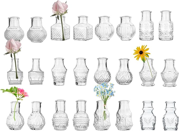 Clear Glass Bud Vase Cute Mini Vases 24Pcs EylKoi Flowers Vintage Small Glass Tiny in Bulk Different Shape Modern Set Lovely for Decor Table Wedding Home Table Centerpieces Dinning Party
