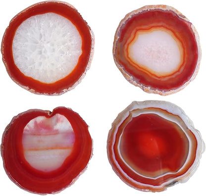 Natural Agate Coasters Set of 4 - Dyed Orange Red Irregular Circle Stone Drink Coasters with Rubber 3-4" Unique Home Decor for Coffee Table Wedding Creative Cards