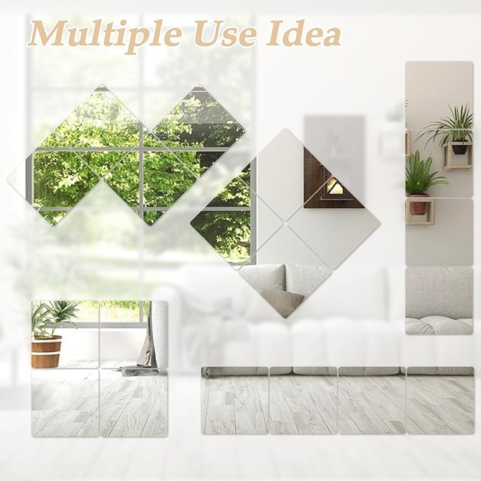 Abyssaly 4 Pack Acrylic Mirror Tiles, Stick on Mirrors for Wall, Flexible Plastic Mirror Sheets Wall Stickers Small Espejos for Bedroom Home Gym Door, 7.87" x 7.87"