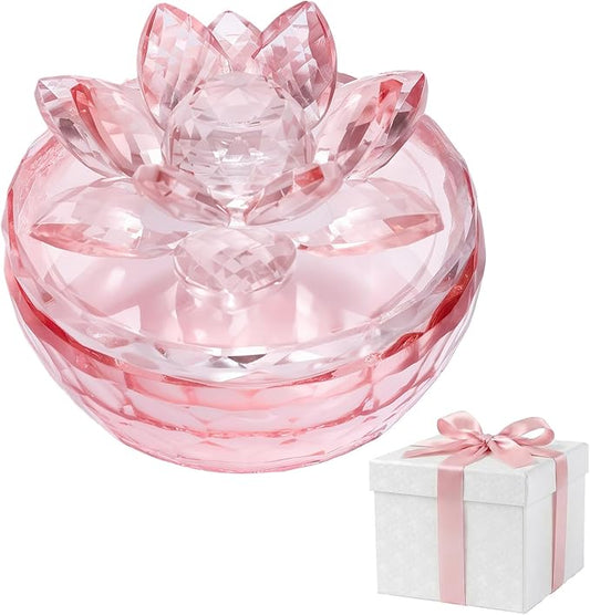 Crystal Jewelry Box, Small Glass Trinket Jar with Lid, Clear Lotus Flower Storage Holder for Women, Elegant Organizer Dish for Ring, Earrings, Necklace, Gift (Full pink)