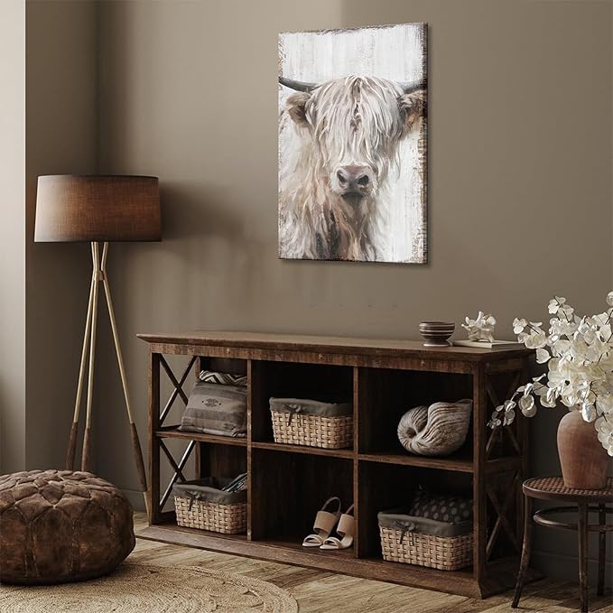 1Pcs Highland Cow Wall Art Farmhouse Cow Canvas Wall Decor Picture White Wildlife Painting Vintage Highland Cattle Print Artwork for Living Room Office Kitchen Bathroom Home Decoration 16x24IN