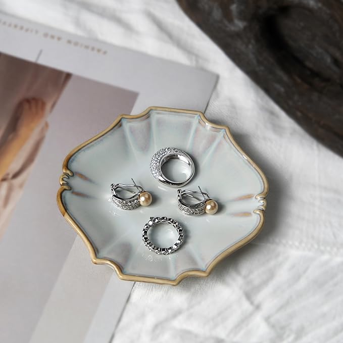 Ceramic Jewelry Dish, Decorative Tray for Rings Earrings Necklaces Bracelet Watch Keys, 4.50" Trinket Tray as Gifts for Women (Reactive Court)