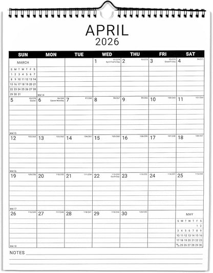 2026 Wall Calendar, 12 Month 11.5”x14.8 ‘’ Year Monthly Organizer from January 2026-2027 Vertical Blank Simple Spiral Bound Wire Hanging Calendar w/ Lines for Family, Home, Kitchen, Office White2