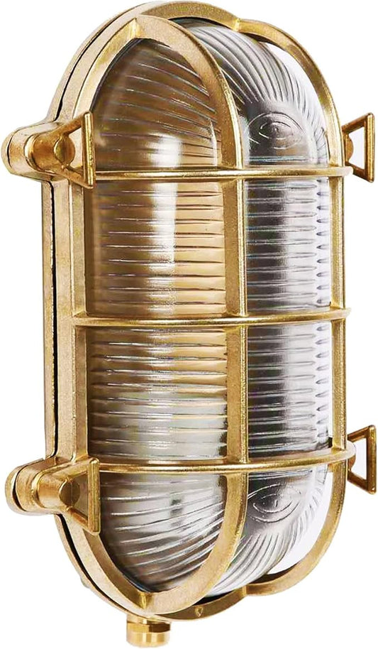 Sunluck Brass Bulkhead Light,Grid Oval Nautical Wall Light,Lampshade,Ceiling Mount Lighting,Sauna Light Waterproof IP65,Rust Resistant,for Wet Location Bath,Seaside,Ship,Basement,Garage