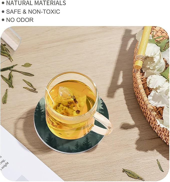 Round-4PCS Forest Drink Coasters,Modern Ceramic Absorbent Coasters, Watercolor Green Forest Flying Birds Nature Mountain Tree Woodland Decor Desk Coffee Table Coaster for Beverage Cup Tea Coasters