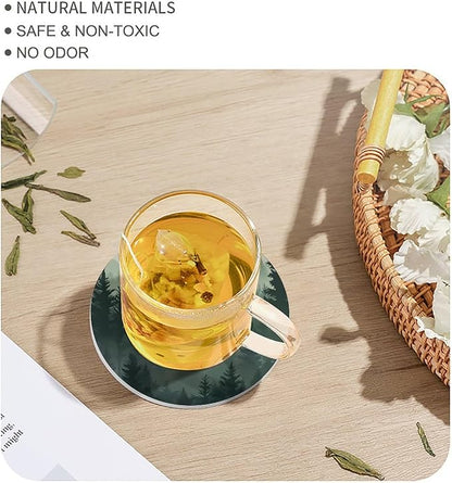 Round-4PCS Forest Drink Coasters,Modern Ceramic Absorbent Coasters, Watercolor Green Forest Flying Birds Nature Mountain Tree Woodland Decor Desk Coffee Table Coaster for Beverage Cup Tea Coasters