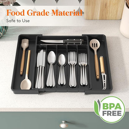 Lifewit Silverware Drawer Organizer, Expandable Utensil Tray for Kitchen, BPA Free Flatware and Cutlery Holder, Adjustable Plastic Storage for Spoons Forks Knives, 10.9"-17.5" x 13.7", Black