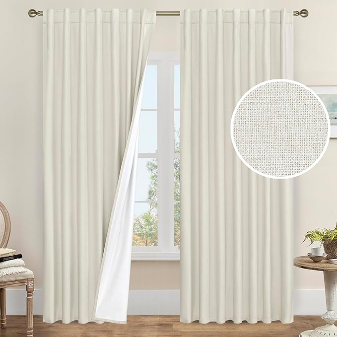 LAMIT Natural 100% Blackout Linen Curtains, 84 Inches Linen Textured Thermal Bedroom Curtains Back Tab and Rod Pocket Neutral Panels with White Liner for Farmhouse, 2 Panels, 60 x 84 Inch, Ivory